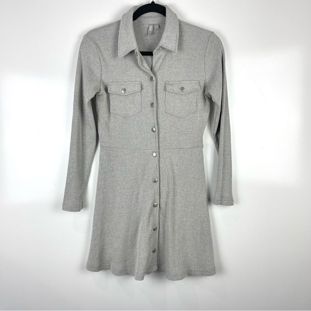 ASOS Ribbed Long Sleeve Button Front Mini Skater Dress Pockets Grey Women's Sz 6